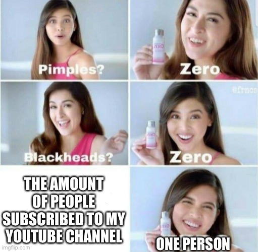 Pimples, Zero! | THE AMOUNT OF PEOPLE SUBSCRIBED TO MY YOUTUBE CHANNEL; ONE PERSON | image tagged in pimples zero | made w/ Imgflip meme maker