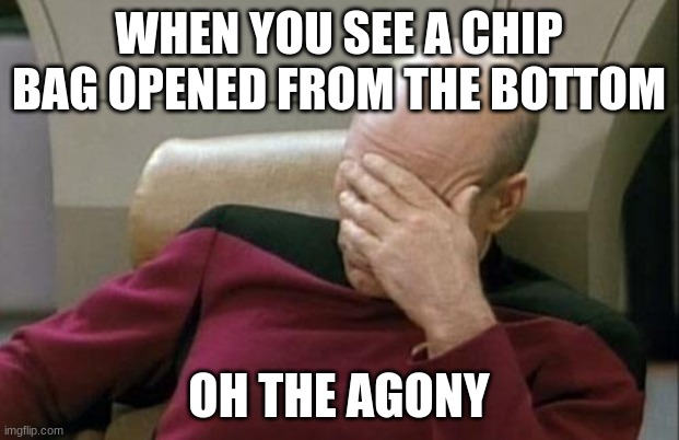Captain Picard Facepalm Meme | WHEN YOU SEE A CHIP BAG OPENED FROM THE BOTTOM; OH THE AGONY | image tagged in memes,captain picard facepalm | made w/ Imgflip meme maker