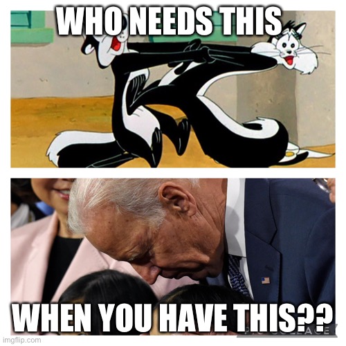 Pepe le biden | WHO NEEDS THIS; WHEN YOU HAVE THIS?? | image tagged in pepe le pew,joe biden,president,kids,smell,sniff | made w/ Imgflip meme maker
