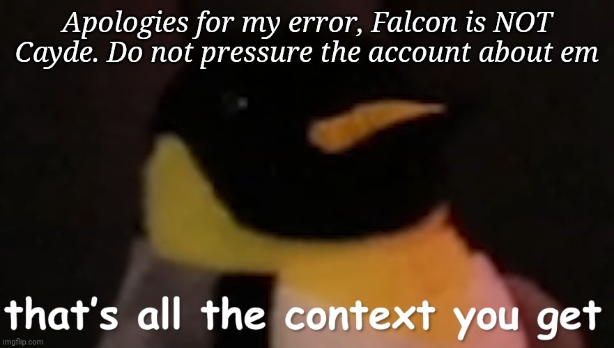 That's all the context you get | Apologies for my error, Falcon is NOT Cayde. Do not pressure the account about em | image tagged in that's all the context you get | made w/ Imgflip meme maker