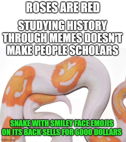 That snake had that emoji app too handy... | ROSES ARE RED; STUDYING HISTORY THROUGH MEMES DOESN'T MAKE PEOPLE SCHOLARS; SNAKE WITH SMILEY FACE EMOJIS ON ITS BACK SELLS FOR 6000 DOLLARS | image tagged in blank white template,snake,happy | made w/ Imgflip meme maker