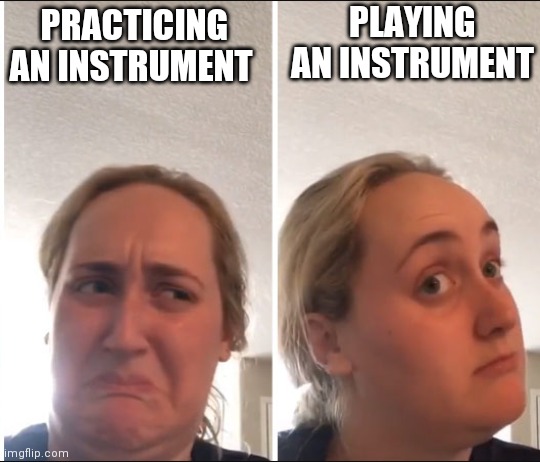 Musicians be like | PLAYING AN INSTRUMENT; PRACTICING AN INSTRUMENT | image tagged in kombucha girl,memes,music | made w/ Imgflip meme maker