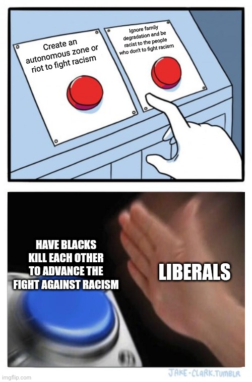 "Cant be racist against a race that doesn't exist." Y'all think you're slick lmao | Ignore family degradation and be racist to the people who don't to fight racism; Create an autonomous zone or riot to fight racism; HAVE BLACKS KILL EACH OTHER TO ADVANCE THE FIGHT AGAINST RACISM; LIBERALS | image tagged in memes,two buttons | made w/ Imgflip meme maker