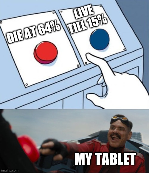 Alwa- | LIVE TILL 15%; DIE AT 64%; MY TABLET | image tagged in robotnik button | made w/ Imgflip meme maker