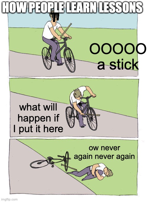 How we as people learn lessons |  HOW PEOPLE LEARN LESSONS; OOOOO a stick; what will happen if I put it here; ow never again never again | image tagged in memes,bike fall | made w/ Imgflip meme maker
