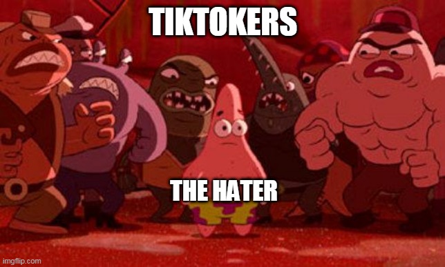 tiktok | TIKTOKERS; THE HATER | image tagged in patrick star crowded,tiktok,haters,hater,patrick star | made w/ Imgflip meme maker