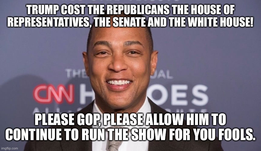 Don Lemon | TRUMP COST THE REPUBLICANS THE HOUSE OF REPRESENTATIVES, THE SENATE AND THE WHITE HOUSE! PLEASE GOP, PLEASE ALLOW HIM TO CONTINUE TO RUN THE SHOW FOR YOU FOOLS. | image tagged in don lemon | made w/ Imgflip meme maker