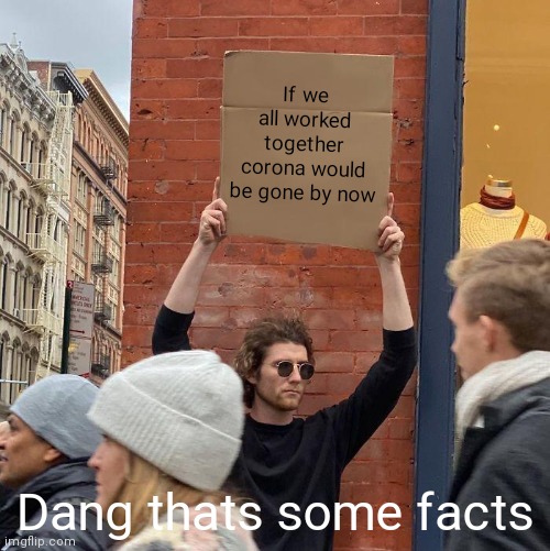 If we all worked together corona would be gone by now; Dang thats some facts | image tagged in memes,guy holding cardboard sign | made w/ Imgflip meme maker