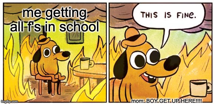 Ehh, this is fine | me getting all f's in school; mom: BOY GET UP HERE!!!! | image tagged in memes,this is fine | made w/ Imgflip meme maker