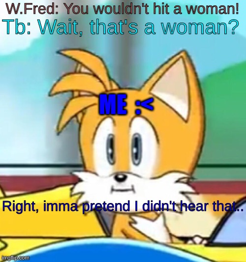 I'll pretend I didn't hear that.. | W.Fred: You wouldn't hit a woman! Tb: Wait, that's a woman? ME  :<; Right, imma pretend I didn't hear that.. | image tagged in tails hold up | made w/ Imgflip meme maker