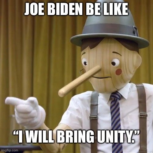 Joe Biden doesn’t want unity. He lied just like he’s been doing for 47 years. | JOE BIDEN BE LIKE; “I WILL BRING UNITY.” | image tagged in geico pinocchio,memes,joe biden,politics,liar,words | made w/ Imgflip meme maker