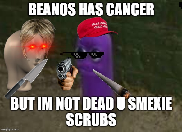 beanos got cancer |  BEANOS HAS CANCER; BUT IM NOT DEAD U SMEXIE
SCRUBS | image tagged in beanos | made w/ Imgflip meme maker