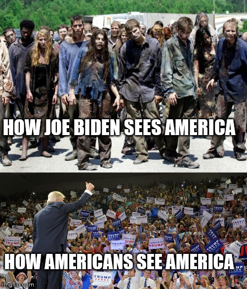 HOW JOE BIDEN SEES AMERICA; HOW AMERICANS SEE AMERICA | image tagged in walking dead meme,trump rally | made w/ Imgflip meme maker