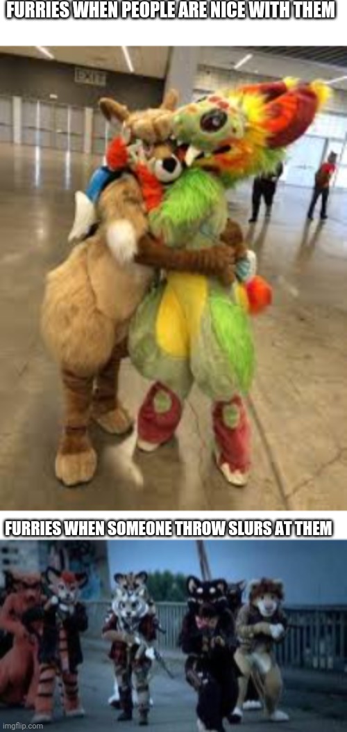 Yesh i am a furry | FURRIES WHEN PEOPLE ARE NICE WITH THEM; FURRIES WHEN SOMEONE THROW SLURS AT THEM | image tagged in memes,furry,furries,furry memes,the furry fandom,furry with gun | made w/ Imgflip meme maker