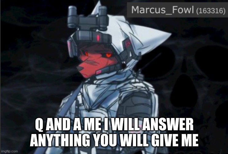 Marcus_Fowl announcement template | Q AND A ME I WILL ANSWER ANYTHING YOU WILL GIVE ME | image tagged in marcus_fowl announcement template,furry | made w/ Imgflip meme maker