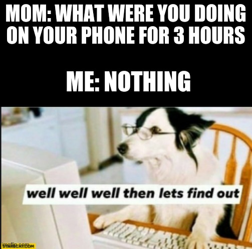 searching... | MOM: WHAT WERE YOU DOING ON YOUR PHONE FOR 3 HOURS; ME: NOTHING | image tagged in well well well then lets find out | made w/ Imgflip meme maker