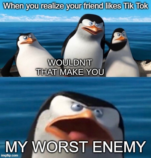 Wouldn't that make you blank | When you realize your friend likes Tik Tok; MY WORST ENEMY | image tagged in wouldn't that make you blank,memes,tik tok sucks | made w/ Imgflip meme maker