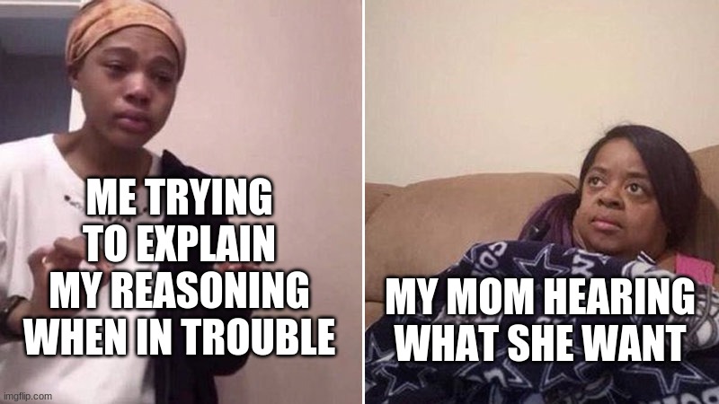 all i said was it wasnt me- | ME TRYING TO EXPLAIN MY REASONING WHEN IN TROUBLE; MY MOM HEARING WHAT SHE WANT | image tagged in me explaining to my mom | made w/ Imgflip meme maker