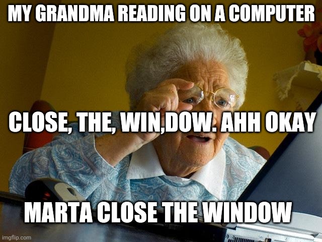 Grandma Finds The Internet Meme | MY GRANDMA READING ON A COMPUTER; CLOSE, THE, WIN,DOW. AHH OKAY; MARTA CLOSE THE WINDOW | image tagged in memes,grandma finds the internet | made w/ Imgflip meme maker
