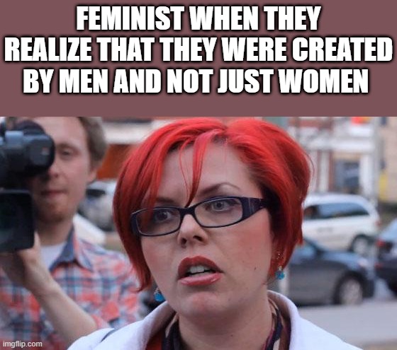 Angry Feminist | FEMINIST WHEN THEY REALIZE THAT THEY WERE CREATED BY MEN AND NOT JUST WOMEN | image tagged in angry feminist,feminism,feminist | made w/ Imgflip meme maker