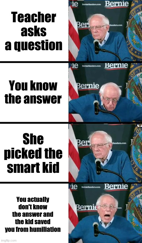 Bernie depicts ep1 | Teacher asks a question; You know the answer; She picked the smart kid; You actually don't know the answer and the kid saved you from humiliation | image tagged in bernie sanders reaction | made w/ Imgflip meme maker