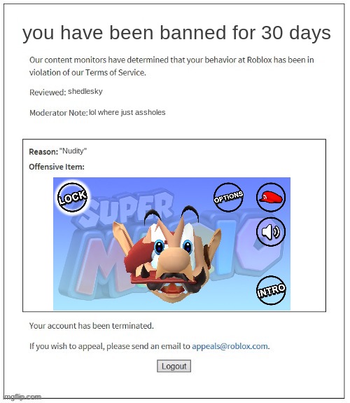 F*ck roblox | you have been banned for 30 days; shedlesky; lol where just assholes; "Nudity" | image tagged in moderation system | made w/ Imgflip meme maker