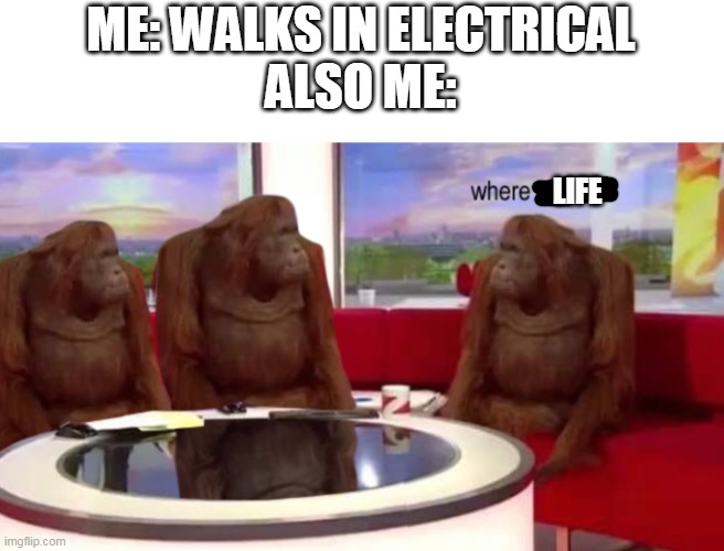 Me when I go in electrical | ME: WALKS IN ELECTRICAL
ALSO ME:; LIFE | image tagged in where banana | made w/ Imgflip meme maker