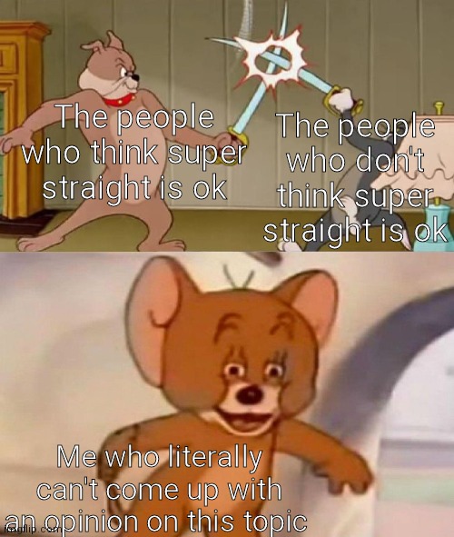 Tom and Jerry swordfight | The people who don't think super straight is ok; The people who think super straight is ok; Me who literally can't come up with an opinion on this topic | image tagged in tom and jerry swordfight | made w/ Imgflip meme maker