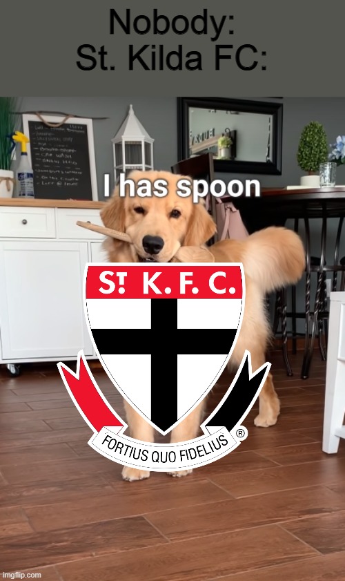 I Has Wooden Sppons! | Nobody:
St. Kilda FC: | image tagged in memes,football,st kilda,dogs,funny memes,arl | made w/ Imgflip meme maker