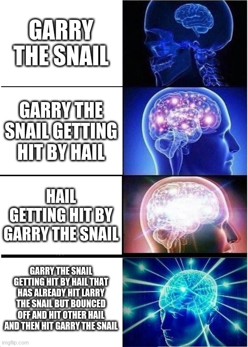 Expanding Brain | GARRY THE SNAIL; GARRY THE SNAIL GETTING HIT BY HAIL; HAIL GETTING HIT BY GARRY THE SNAIL; GARRY THE SNAIL GETTING HIT BY HAIL THAT HAS ALREADY HIT LARRY THE SNAIL BUT BOUNCED OFF AND HIT OTHER HAIL AND THEN HIT GARRY THE SNAIL | image tagged in memes,expanding brain | made w/ Imgflip meme maker