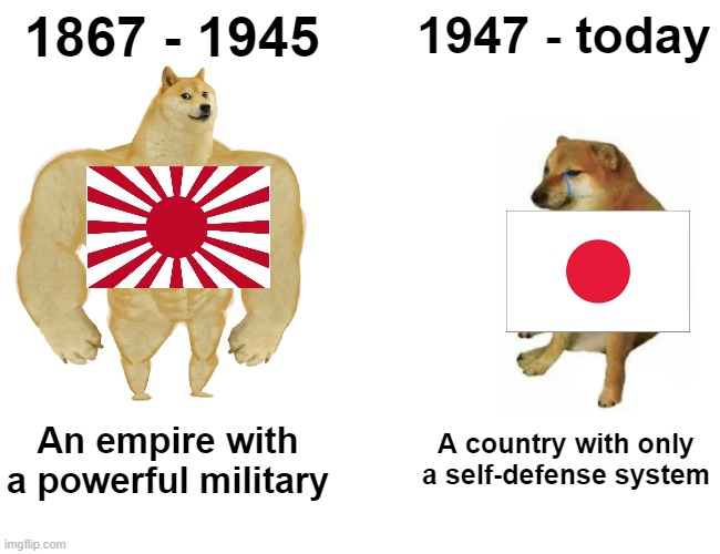 Japanese history | 1867 - 1945; 1947 - today; An empire with a powerful military; A country with only a self-defense system | image tagged in memes,buff doge vs cheems,then and now | made w/ Imgflip meme maker