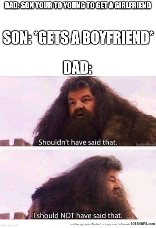 I shouldn't have said that | DAD: SON YOUR TO YOUNG TO GET A GIRLFRIEND; SON: *GETS A BOYFRIEND*; DAD: | image tagged in i shouldn't have said that | made w/ Imgflip meme maker