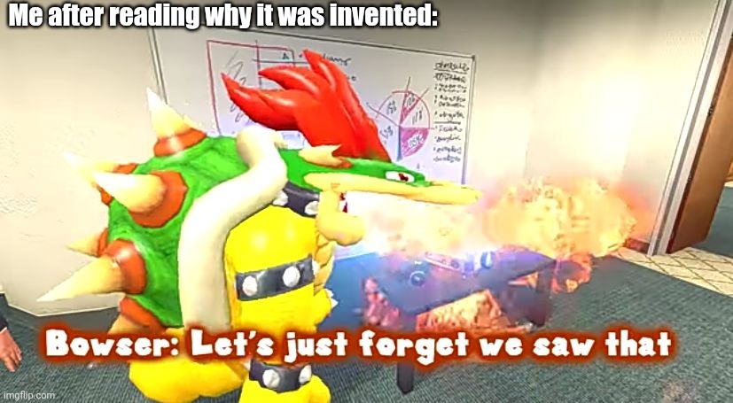 Smg4 Bowser let's just forget we saw that | Me after reading why it was invented: | image tagged in smg4 bowser let's just forget we saw that | made w/ Imgflip meme maker