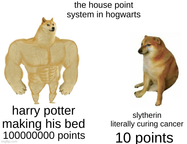 dumbledore is very smart | the house point system in hogwarts; harry potter making his bed; slytherin literally curing cancer; 100000000 points; 10 points | image tagged in memes,buff doge vs cheems | made w/ Imgflip meme maker