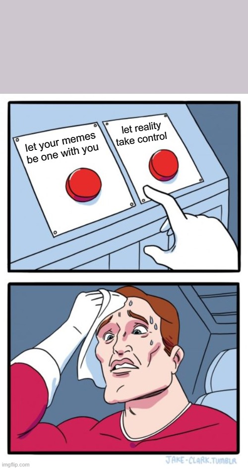 Two Buttons | let reality take control; let your memes be one with you | image tagged in memes,two buttons | made w/ Imgflip meme maker
