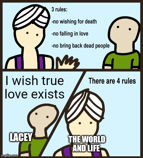 Based on texting last night | I wish true love exists; LACEY; THE WORLD AND LIFE | image tagged in genie rules meme | made w/ Imgflip meme maker