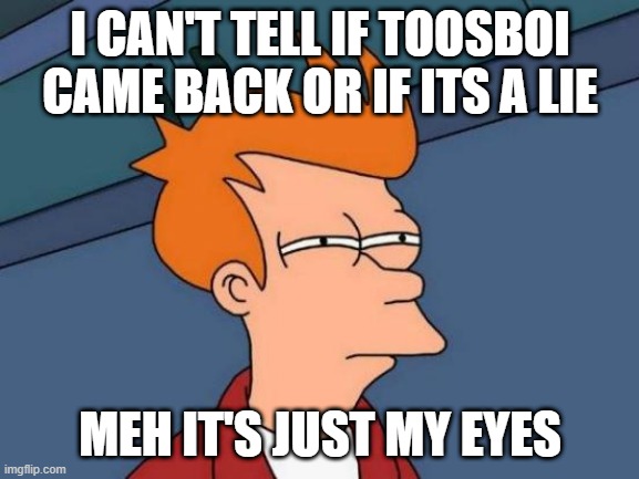 IM BACK BOI | I CAN'T TELL IF TOOSBOI CAME BACK OR IF ITS A LIE; MEH IT'S JUST MY EYES | image tagged in memes,futurama fry | made w/ Imgflip meme maker