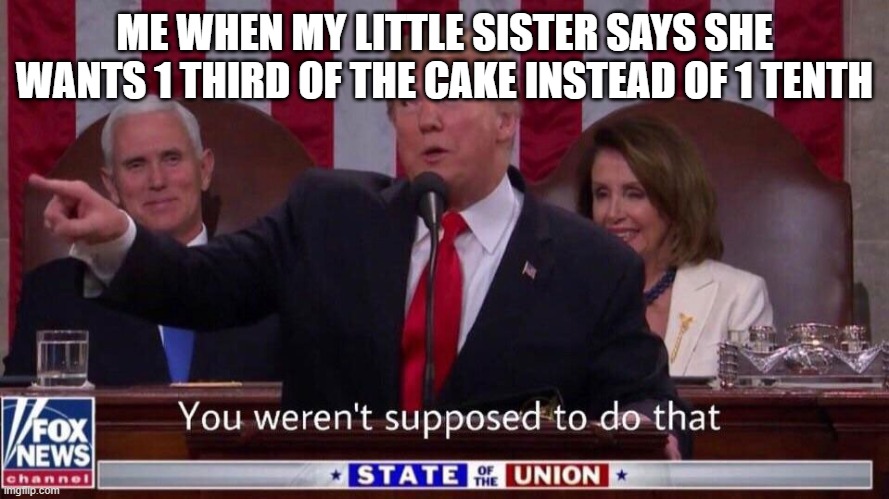 you werent supposed to do that | ME WHEN MY LITTLE SISTER SAYS SHE WANTS 1 THIRD OF THE CAKE INSTEAD OF 1 TENTH | image tagged in you werent supposed to do that | made w/ Imgflip meme maker