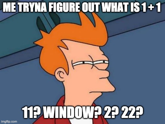 Futurama Fry Meme | ME TRYNA FIGURE OUT WHAT IS 1 + 1; 11? WINDOW? 2? 22? | image tagged in memes,futurama fry | made w/ Imgflip meme maker