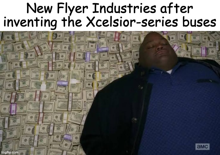 but srsly it's everywhere nowadays | New Flyer Industries after inventing the Xcelsior-series buses | image tagged in man rolling in money,bus | made w/ Imgflip meme maker