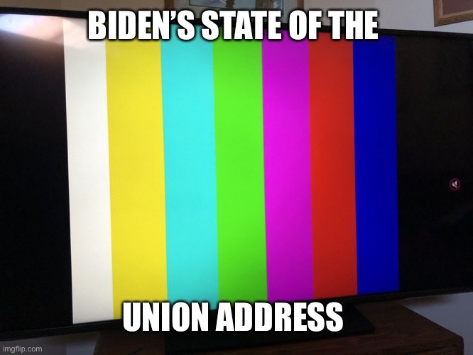 Lost signal | BIDEN’S STATE OF THE; UNION ADDRESS | image tagged in tv test screen | made w/ Imgflip meme maker