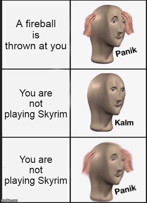 Panik Kalm Panik Meme | A fireball is thrown at you; You are not playing Skyrim; You are not playing Skyrim | image tagged in memes,panik kalm panik | made w/ Imgflip meme maker