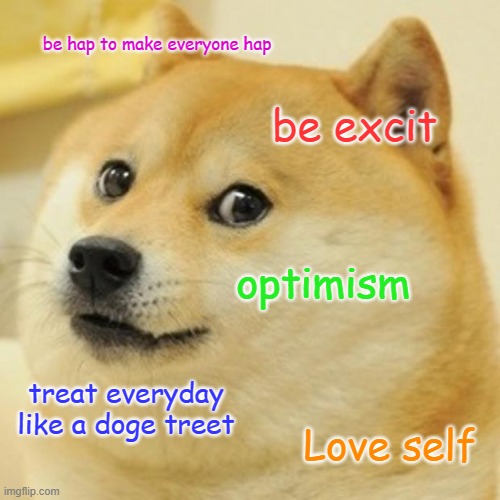 listen to him. He is wise | be hap to make everyone hap; be excit; optimism; treat everyday like a doge treet; Love self | image tagged in memes,doge | made w/ Imgflip meme maker