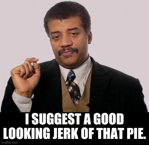 Neil Degrasse Tyson - Jerk Research | I SUGGEST A GOOD LOOKING JERK OF THAT PIE. | image tagged in neil degrasse tyson - jerk research | made w/ Imgflip meme maker