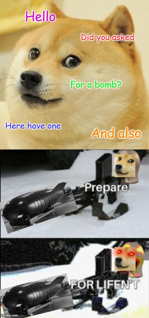 Hello Did you asked For a bomb? Here have one And also | image tagged in memes,doge,prepare for lifen't | made w/ Imgflip meme maker