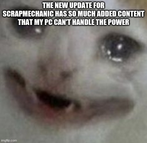 crying cat | THE NEW UPDATE FOR SCRAPMECHANIC HAS SO MUCH ADDED CONTENT THAT MY PC CAN'T HANDLE THE POWER | image tagged in crying cat | made w/ Imgflip meme maker