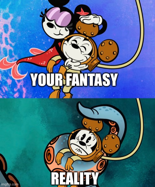 YOUR FANTASY; REALITY | image tagged in mickey mouse,minnie mouse,memes | made w/ Imgflip meme maker