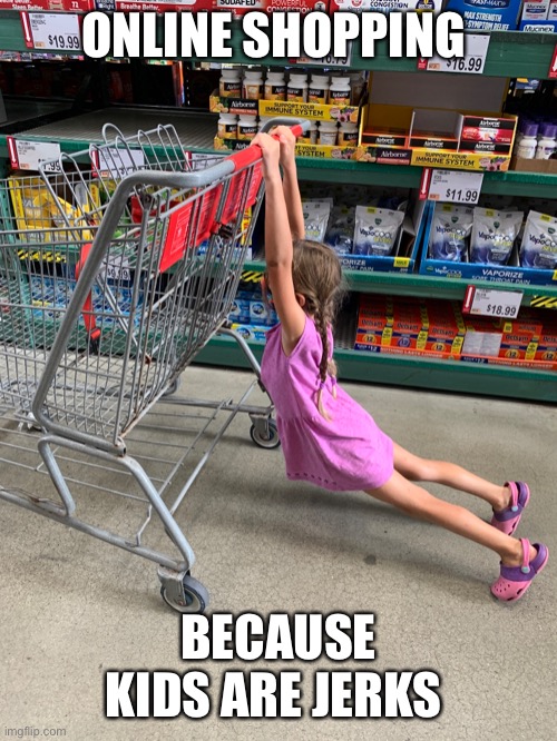 Kids shopping | ONLINE SHOPPING; BECAUSE KIDS ARE JERKS | image tagged in online shopping,shopping with kids | made w/ Imgflip meme maker