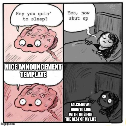 Hey you going to sleep? | NICE ANNOUNCEMENT TEMPLATE FALCO:NOW I HAVE TO LIVE WITH THIS FOR THE REST OF MY LIFE | image tagged in hey you going to sleep | made w/ Imgflip meme maker