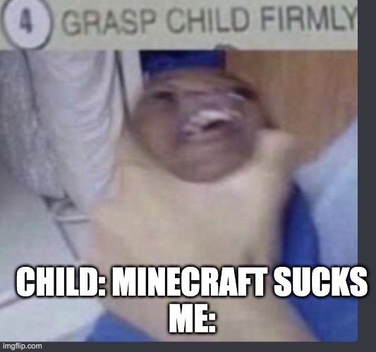 Grasp child firmly | CHILD: MINECRAFT SUCKS
ME: | image tagged in grasp child firmly | made w/ Imgflip meme maker